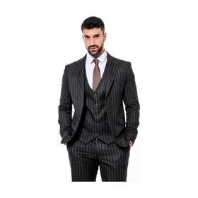 Wessi Çizgili Yelekli Siyah Slim Fit Erkek Takım Elbise