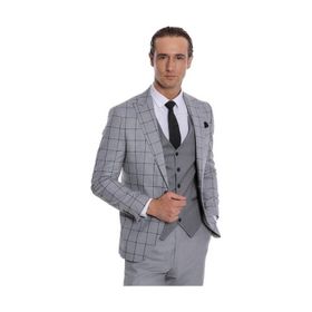 Wessi Ekose Ceketli Desenli Slim Fit Gri Erkek Takım Elbise