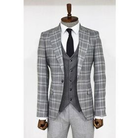 Wessi Ekose Ceketli Gri Slim Fit Takım Elbise