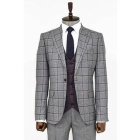 Wessi Ekose Ceketli Gri Slim Fit Takım Elbise