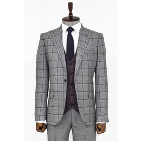 Wessi Ekose Ceketli Gri Slim Fit Takım Elbise