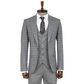 Wessi Ekose Ceketli Gri Slim Fit Takım Elbise