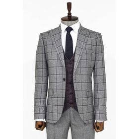 Wessi Ekose Ceketli Gri Slim Fit Takım Elbise