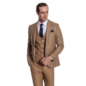 Wessi Ekose Ceketli Slim Fit Taba Erkek Takım Elbise