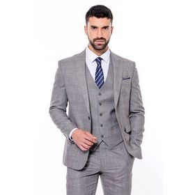 Wessi Ekose Gri Yelekli Slim Fit Takım Elbise