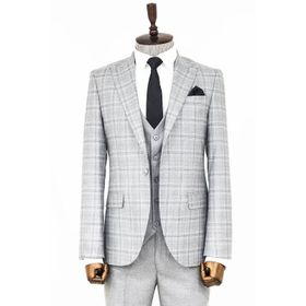 Wessi Ekose Slim Fit Açık Gri Erkek Ceketli Takım Elbise