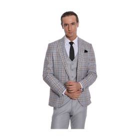 Wessi Ekose Slim Fit Açık Gri Erkek Ceketli Takım Elbise