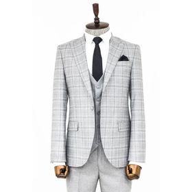 Wessi Ekose Slim Fit Açık Gri Erkek Ceketli Takım Elbise