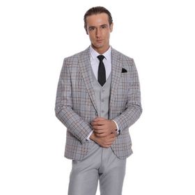 Wessi Ekose Slim Fit Açık Gri Erkek Ceketli Takım Elbise