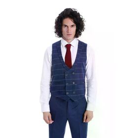 Wessi Ekose Yelek Düz Pantolon Lacivert Takım Elbise