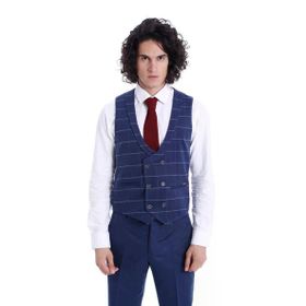 Wessi Ekose Yelek Düz Pantolon Lacivert Takım Elbise