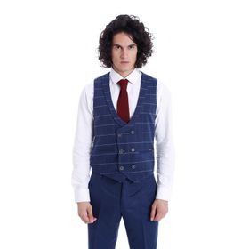 Wessi Ekose Yelek Düz Pantolon Lacivert Takım Elbise