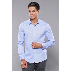 Wessi Erkek Buz Mavi Kendinden Desenli Uzun Kollu Slim Fit Gömlek