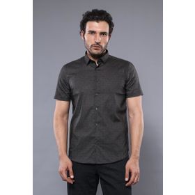 Wessi Erkek Haki Slim Fit Kısa Kollu Desenli Pamuk Gömlek