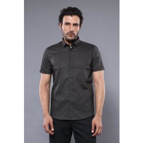 Wessi Erkek Haki Slim Fit Kısa Kollu Desenli Pamuk Gömlek