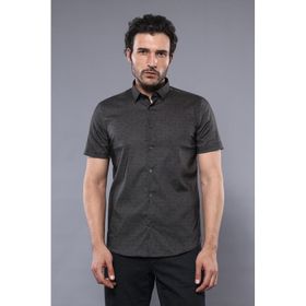 Wessi Erkek Haki Slim Fit Kısa Kollu Desenli Pamuk Gömlek