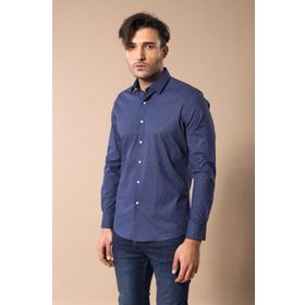 Wessi Erkek Lacivert Slim Fit Kendinden Desenli Gömlek