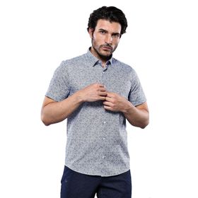 Wessi Erkek Lacivert Slim Fit Kısa Kollu Çiçek Desenli Gömlek