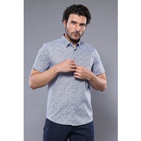 Wessi Erkek Lacivert Slim Fit Kısa Kollu Çiçek Desenli Gömlek
