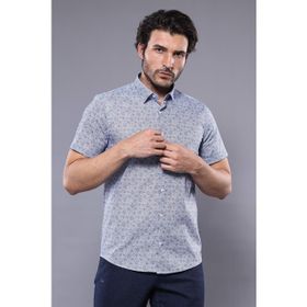 Wessi Erkek Lacivert Slim Fit Kısa Kollu Çiçek Desenli Gömlek
