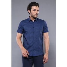 Wessi Erkek Lacivert Slim Fit Kısa Kollu Çiçek Desenli Gömlek