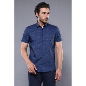Wessi Erkek Lacivert Slim Fit Kısa Kollu Çiçek Desenli Gömlek