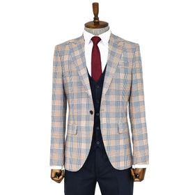 Wessi Kahverengi Ekose Ceketli Slim Fit Lacivert Erkek Takım Elbise