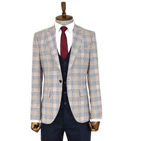 Wessi Kahverengi Ekose Ceketli Slim Fit Lacivert Erkek Takım Elbise