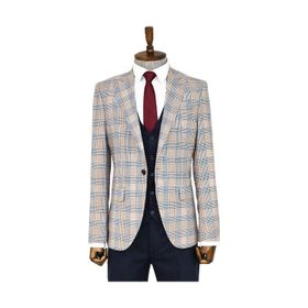 Wessi Kahverengi Ekose Ceketli Slim Fit Lacivert Erkek Takım Elbise