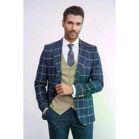 Wessi Lacivert Ekoseli Desenli Yelekli Takım Elbise