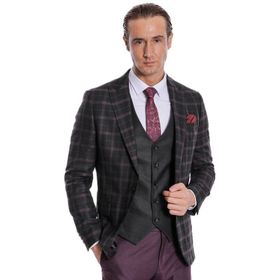 Wessi Mor Yelekli Slim Fit Ekose Siyah Erkek Takım Elbise