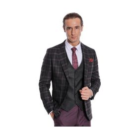 Wessi Mor Yelekli Slim Fit Ekose Siyah Erkek Takım Elbise