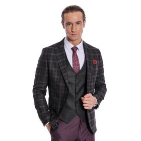 Wessi Mor Yelekli Slim Fit Ekose Siyah Erkek Takım Elbise