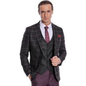 Wessi Mor Yelekli Slim Fit Ekose Siyah Erkek Takım Elbise