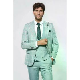 Wessi TK-621160-161-90 Ekose Ceket Su Yeşili Yelekli Erkek Takım Elbise