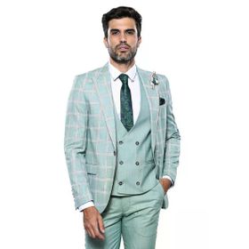 Wessi TK-621160-161-90 Ekose Ceket Su Yeşili Yelekli Erkek Takım Elbise