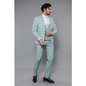 Wessi TK-621160-161-90 Ekose Ceket Su Yeşili Yelekli Erkek Takım Elbise