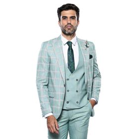 Wessi TK-621160-161-90 Ekose Ceket Su Yeşili Yelekli Erkek Takım Elbise