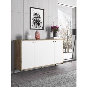 Wood'n Love Hestia 160 cm 4 Kapaklı Atlantik Çam Beyaz ve Siyah Metal Ayaklı Çok Amaçlı Dolap Konsol