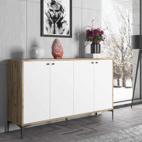 Wood'n Love Hestia 160 cm 4 Kapaklı Atlantik Çam Beyaz ve Siyah Metal Ayaklı Çok Amaçlı Dolap Konsol