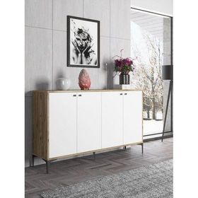 Wood'n Love Hestia 160 cm 4 Kapaklı Atlantik Çam Beyaz ve Siyah Metal Ayaklı Çok Amaçlı Dolap Konsol