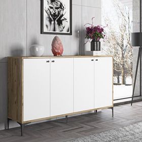 Wood'n Love Hestia 160 cm 4 Kapaklı Atlantik Çam Beyaz ve Siyah Metal Ayaklı Çok Amaçlı Dolap Konsol