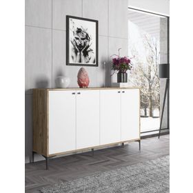 Wood'n Love Hestia 160 cm 4 Kapaklı Atlantik Çam Beyaz ve Siyah Metal Ayaklı Çok Amaçlı Dolap Konsol