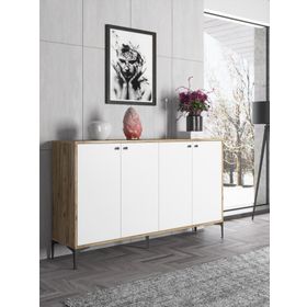 Wood'n Love Hestia 160 cm 4 Kapaklı Atlantik Çam Beyaz ve Siyah Metal Ayaklı Çok Amaçlı Dolap Konsol