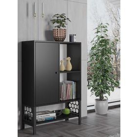 Wood'n Love Lara Premium Siyah Desenli Metal Ayaklı Dolaplı Vitrin ve Konsol