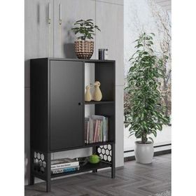 Wood'n Love Lara Premium Siyah Desenli Metal Ayaklı Dolaplı Vitrin ve Konsol