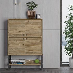 Wood'n Love Lina Atlantik Çam ve Siyah Desenli Metal Ayaklı Dolaplı Vitrin Konsol