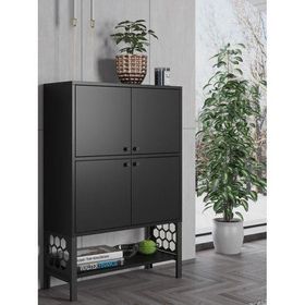 Wood'n Love Lina Premium Siyah Desenli Metal Ayaklı Dolaplı Vitrin ve Konsol