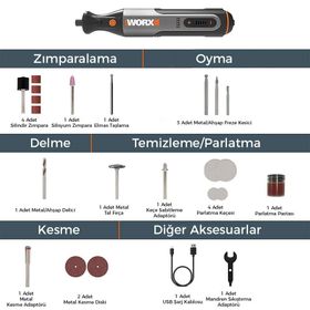 Worx WX106 8 Volt Kalem Tipi Devir Ayarlı Profesyonel Gravür Makinesi ve 21 Parça Aksesuar Seti