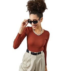 Xhan 2KXK2-45845 Kiremit Yuvarlak Yaka Kaşkorse Crop Bluz